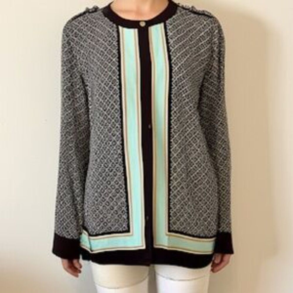 Dana Buchman Geometric Print Button Up Roll Tab Long Sleeve Shirt Blouse Size 10